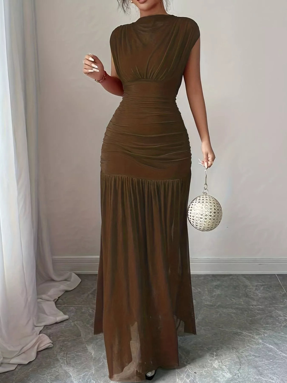 ruched bodycon maxi dress fabric and detail close up