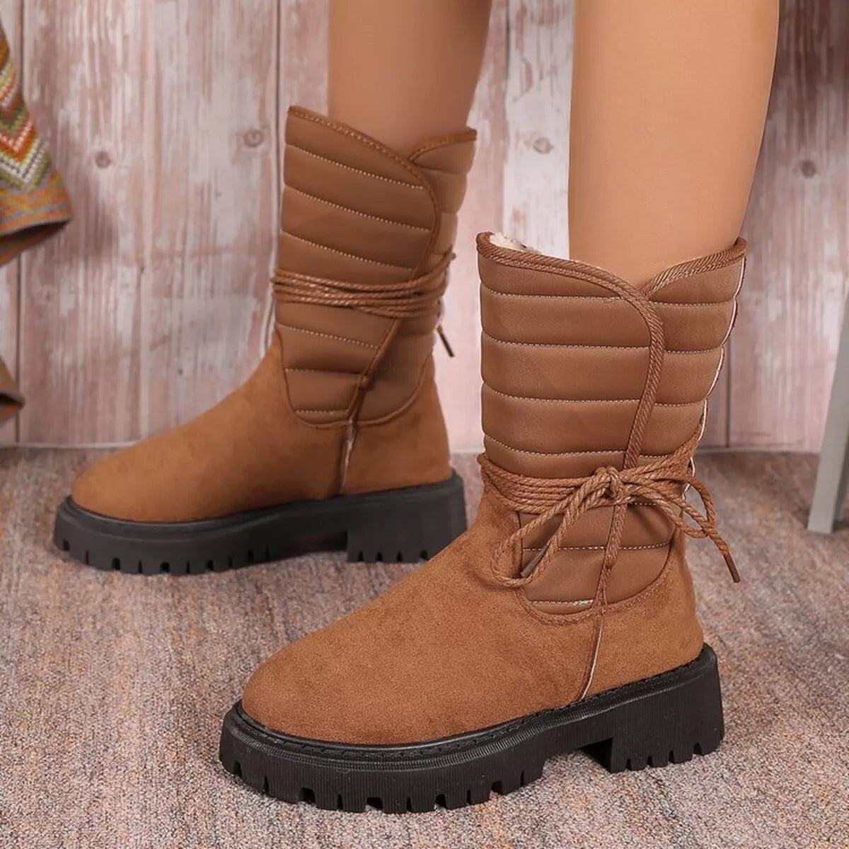 Quilted lace up mid calf boots three quarter view