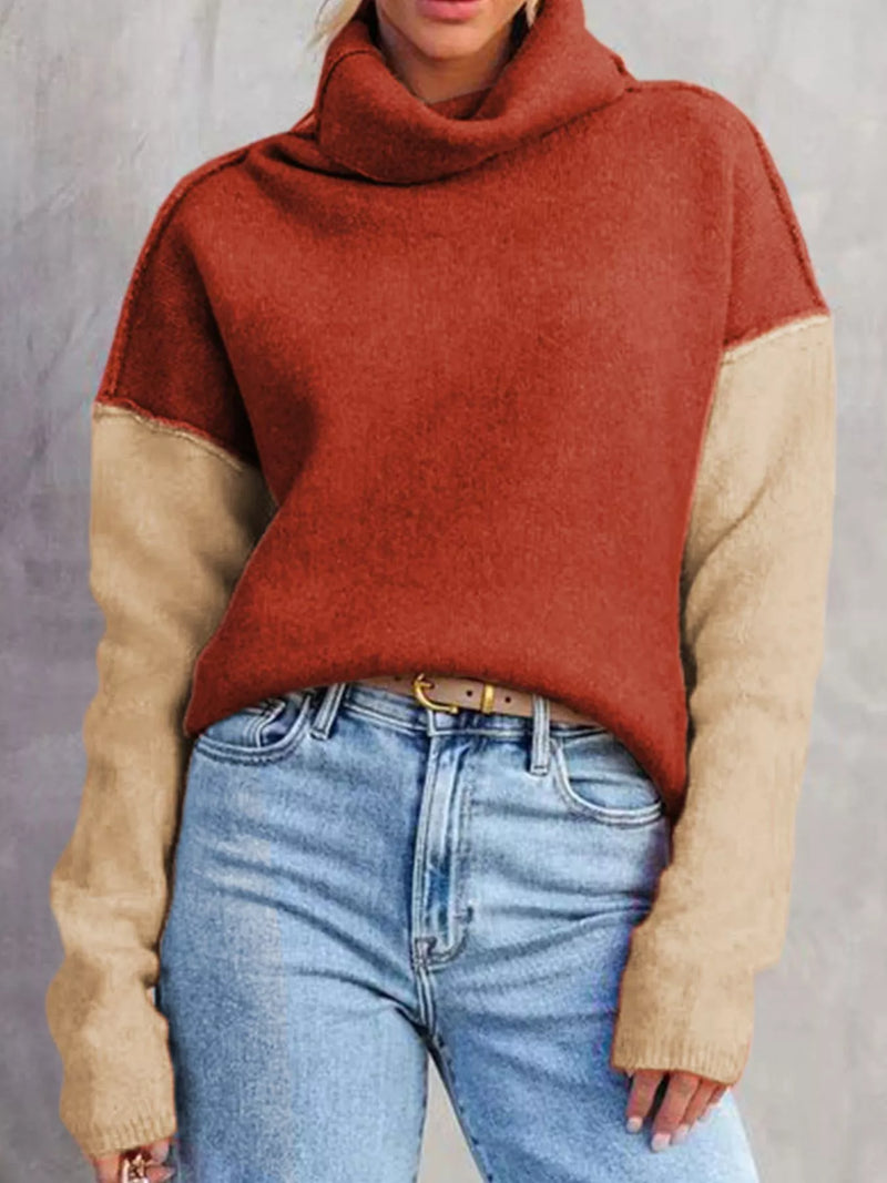 Caramel color block turtleneck drop shoulder sweater front view