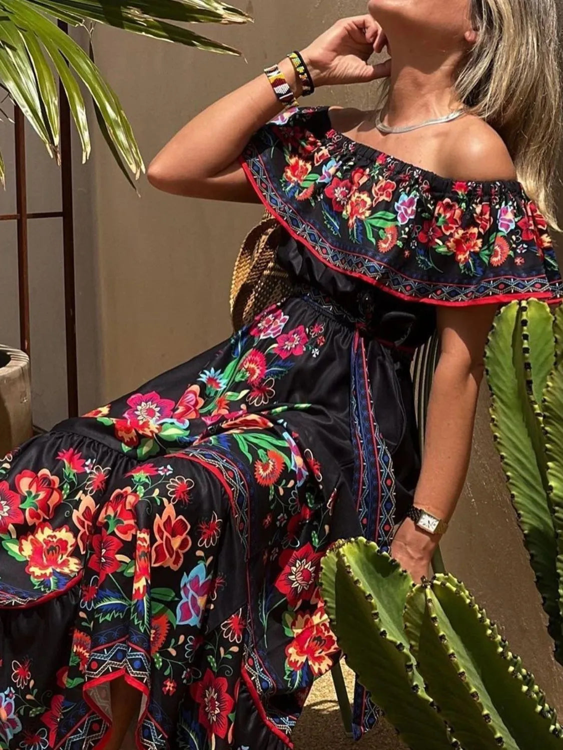 Floral off shoulder ruffle maxi dress view 8