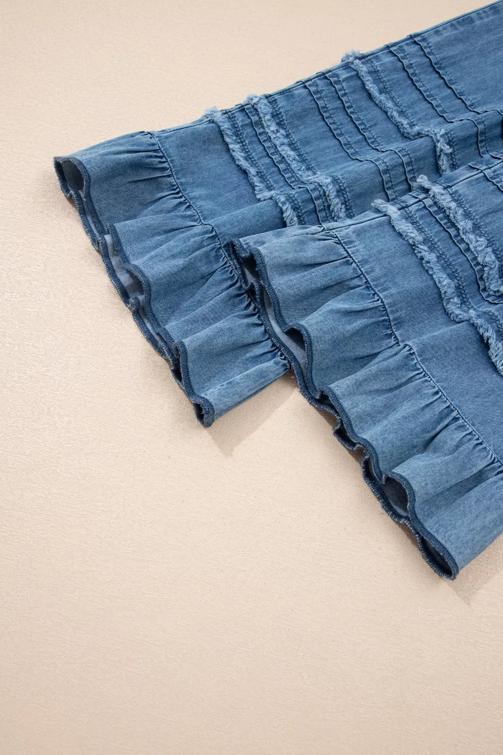 Ruffled hem wide leg chambray pants full length styling