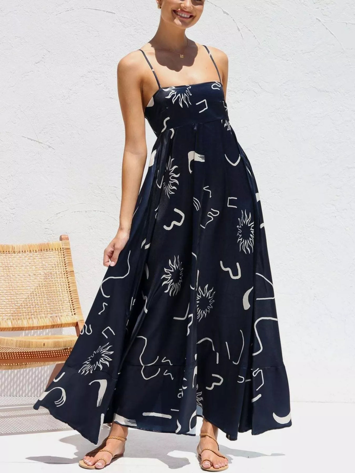 printed spaghetti strap maxi dress styled look