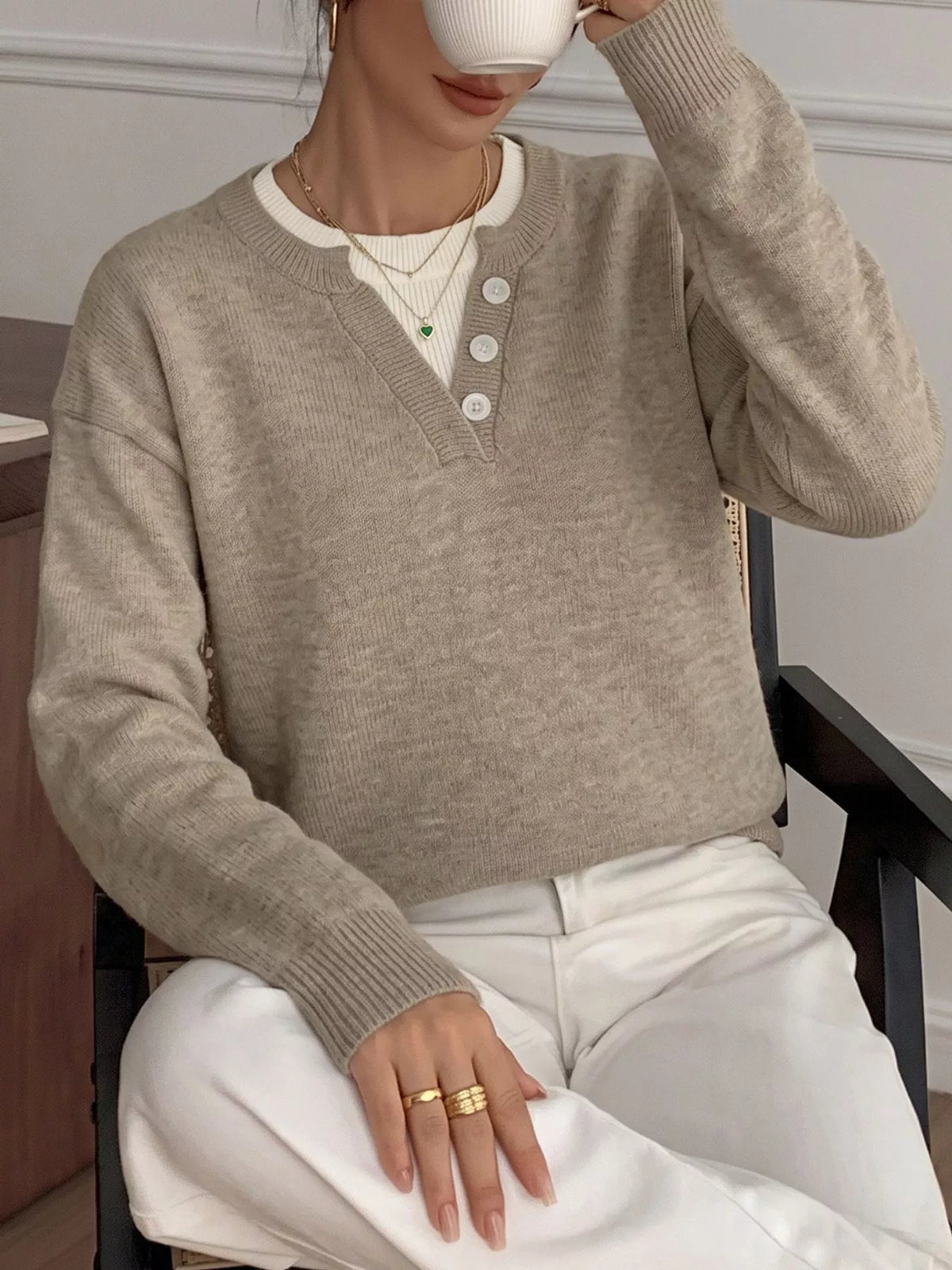 Button Detail Drop Shoulder Long Sleeve Sweater back view