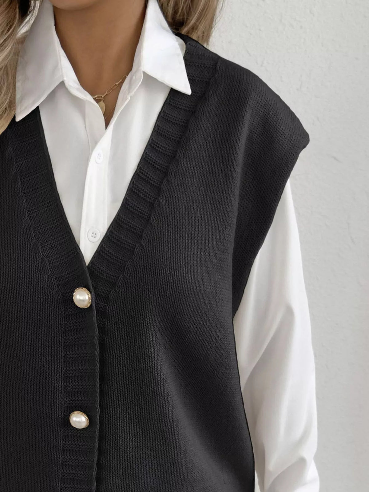 button up sleeveless knit sweater vest back view