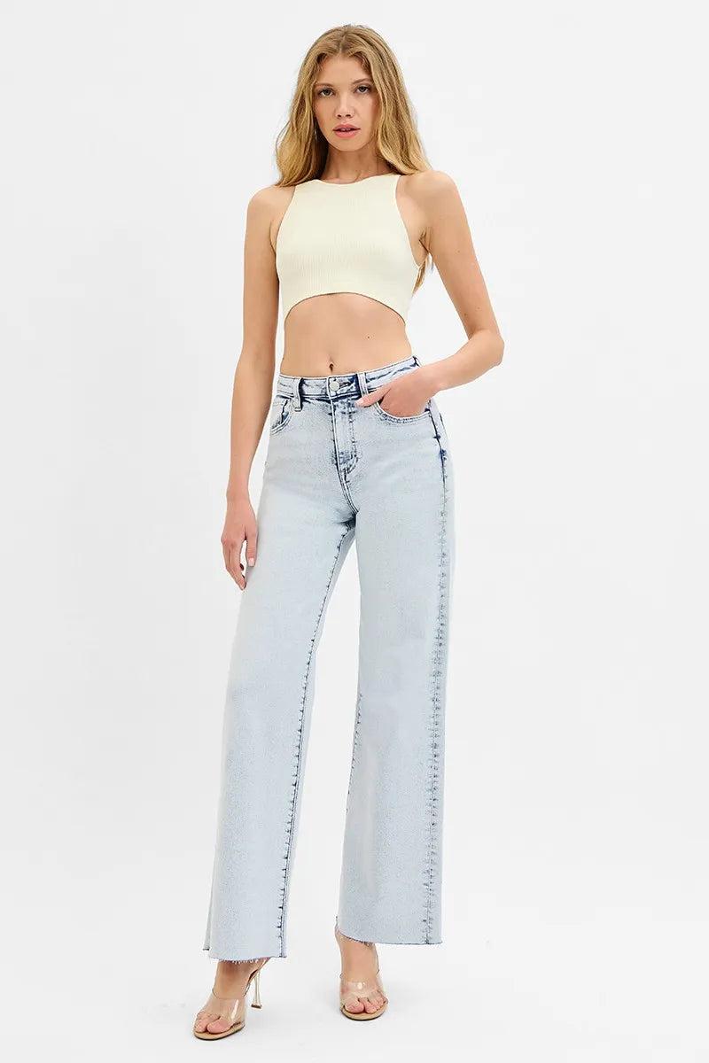 RISEN light wash wide leg jeans styled look
