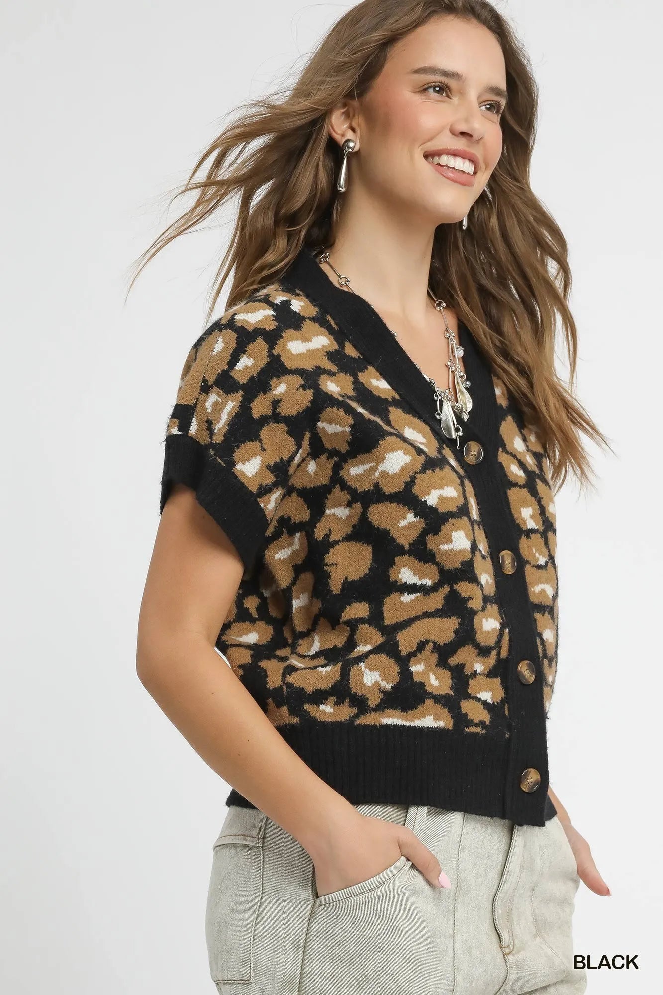 Umgee Leopard Button Down Short Sleeve Cardigan - Fashorio