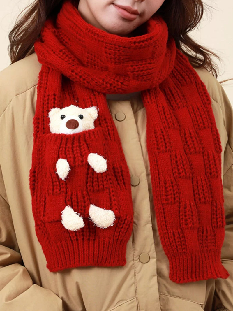 Christmas cute bear pocket knitted scarf shown around the neck