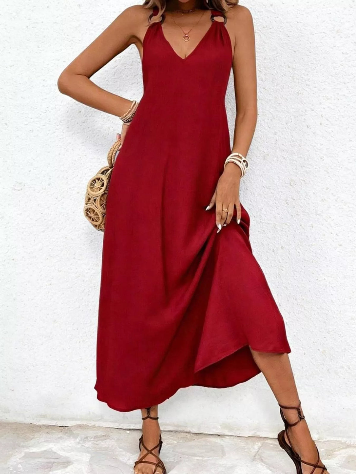 Burgundy V neck sleeveless midi dress close up detail