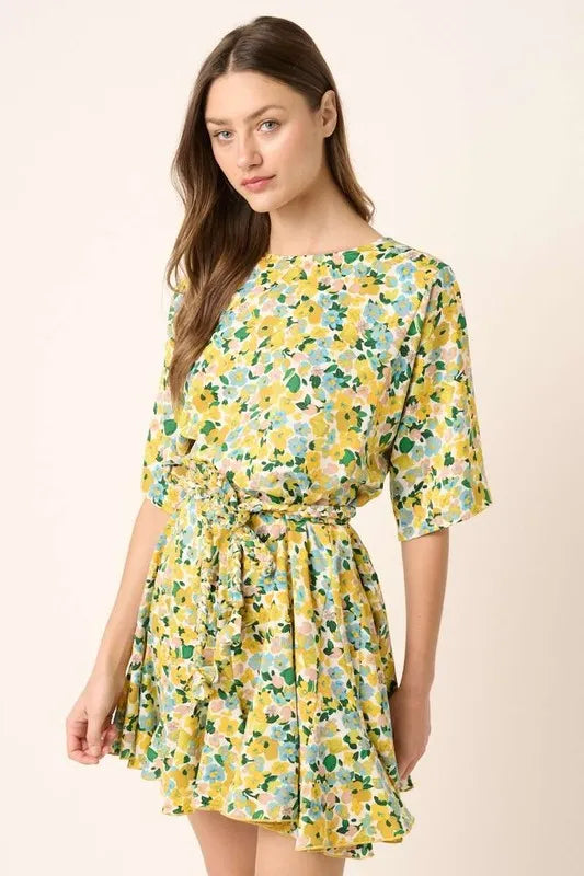Floral tie waist half sleeve mini dress front view