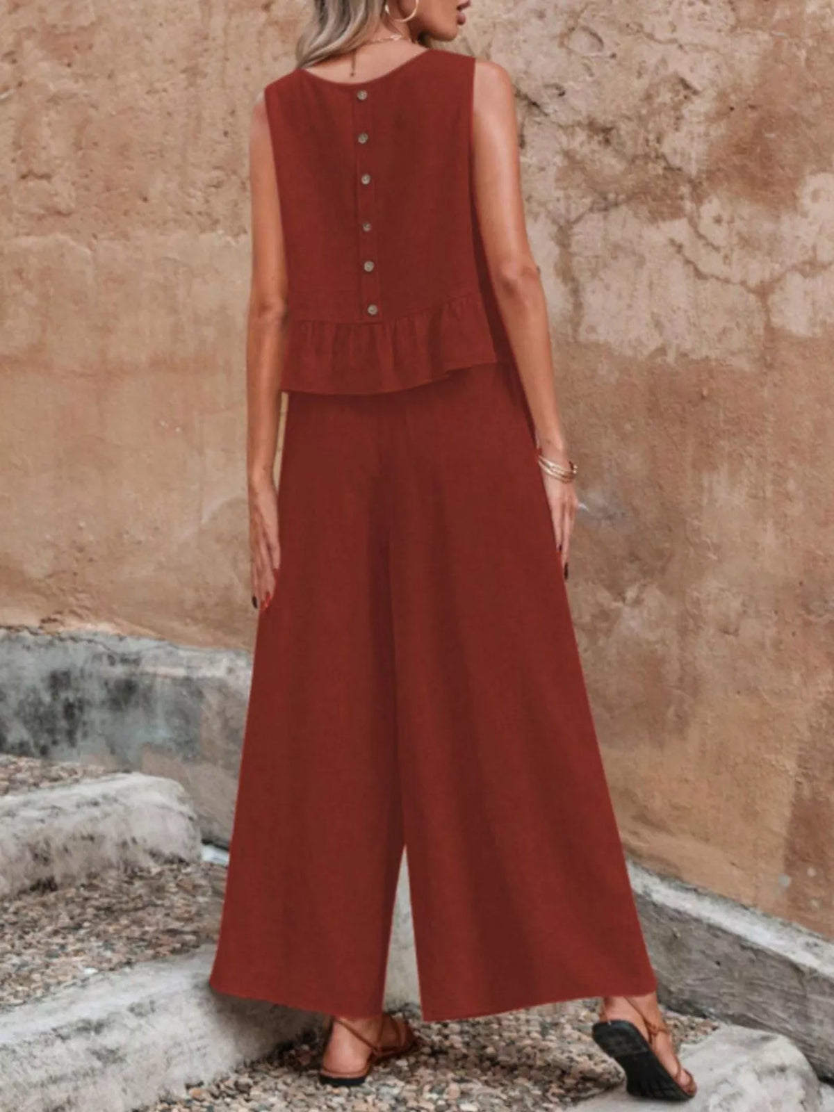 Sleeveless Ruffle Hem Top and Wide Leg Pants Set, view 19
