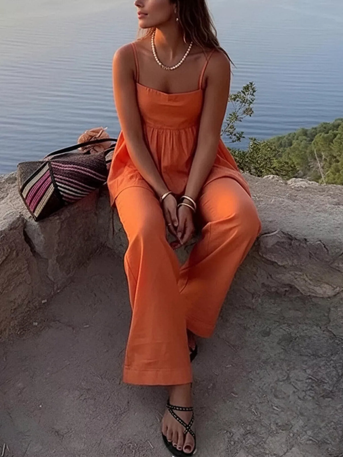 Square neck cami wide leg pants set detail view
