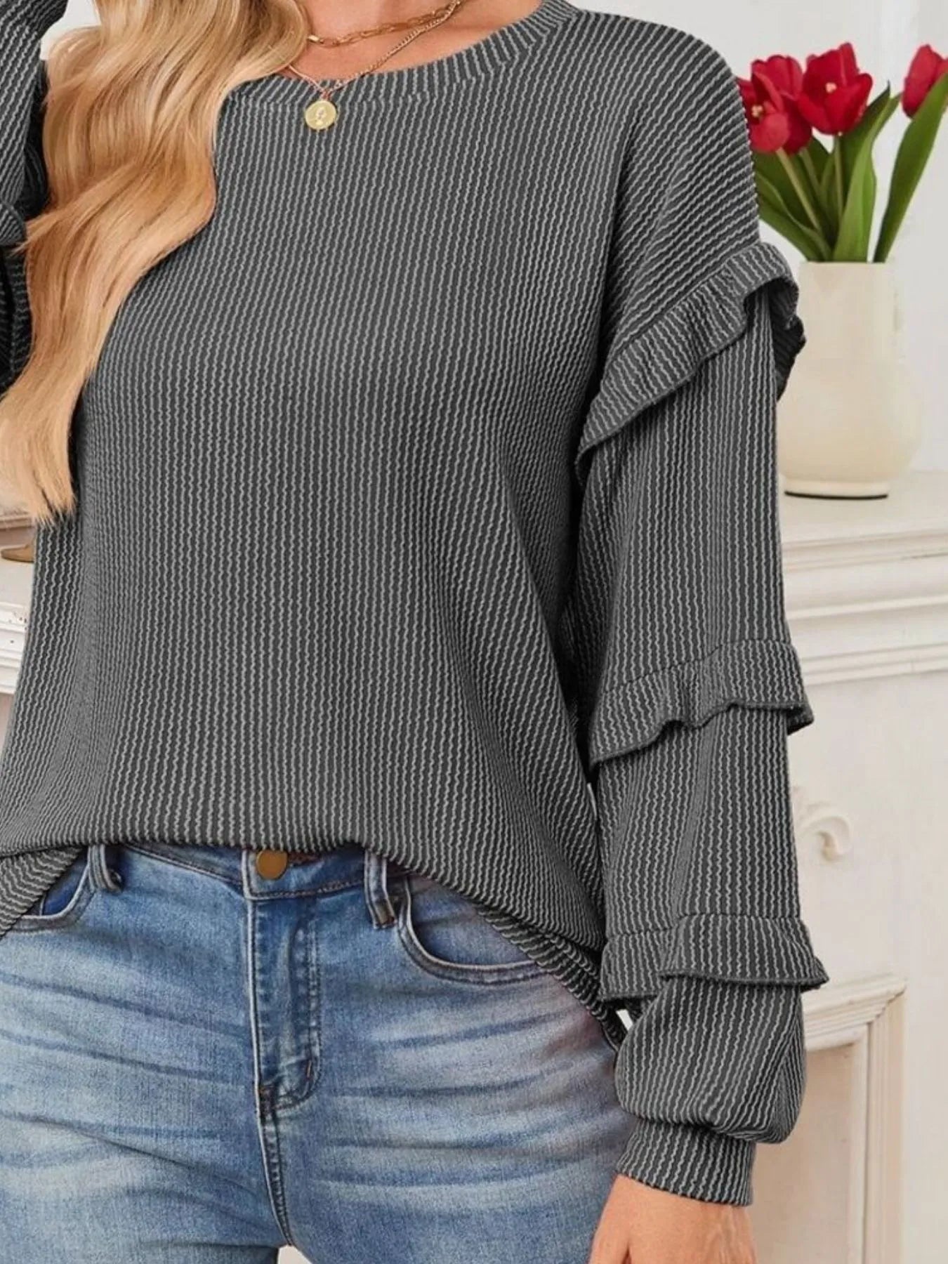 Ruffled Round Neck Long Sleeve Sweatshirt - Fashorio