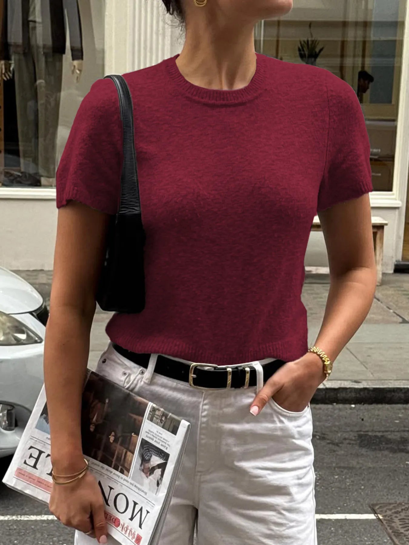 Round Neck Short Sleeve Sweater Burgundy - Fashorio
