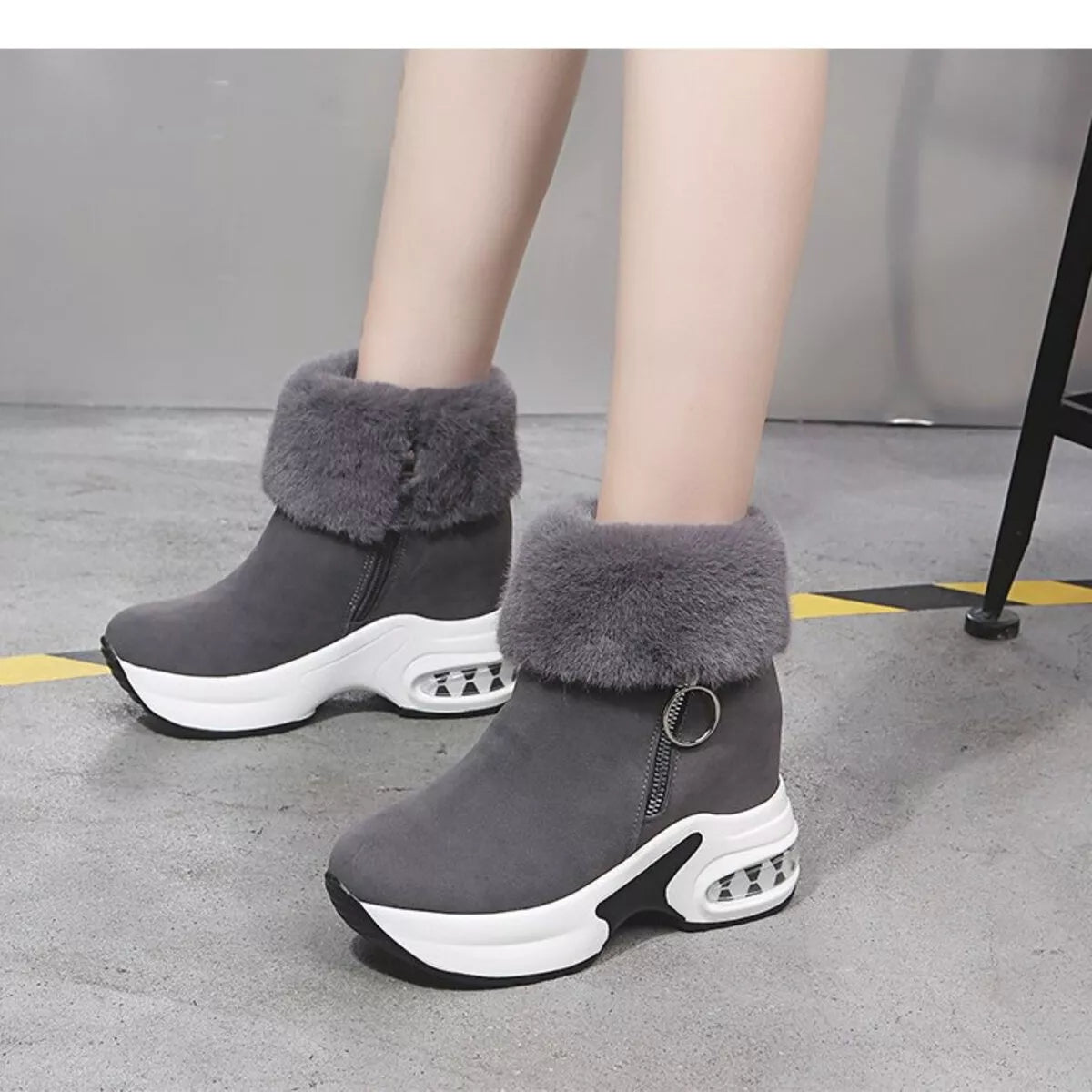 Fuzzy platform ankle boots sole view