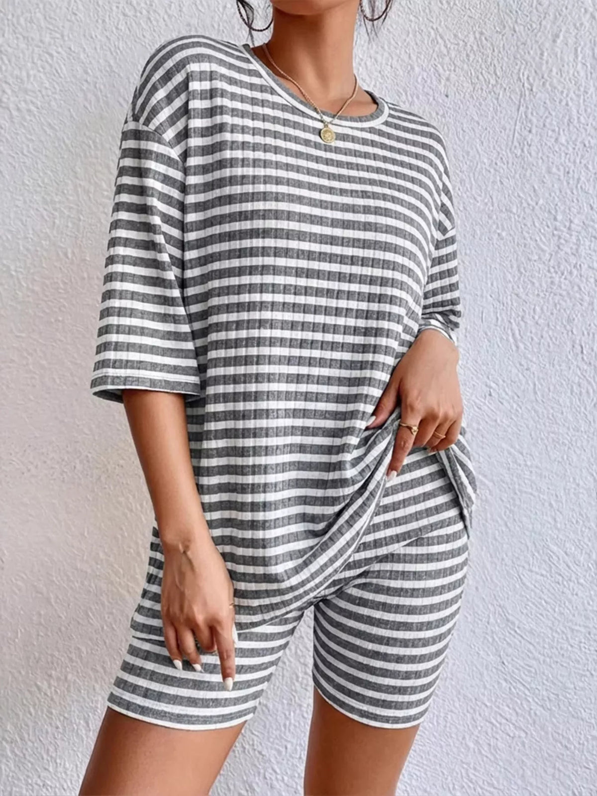 Striped Round Neck Top and Shorts Set, view 20