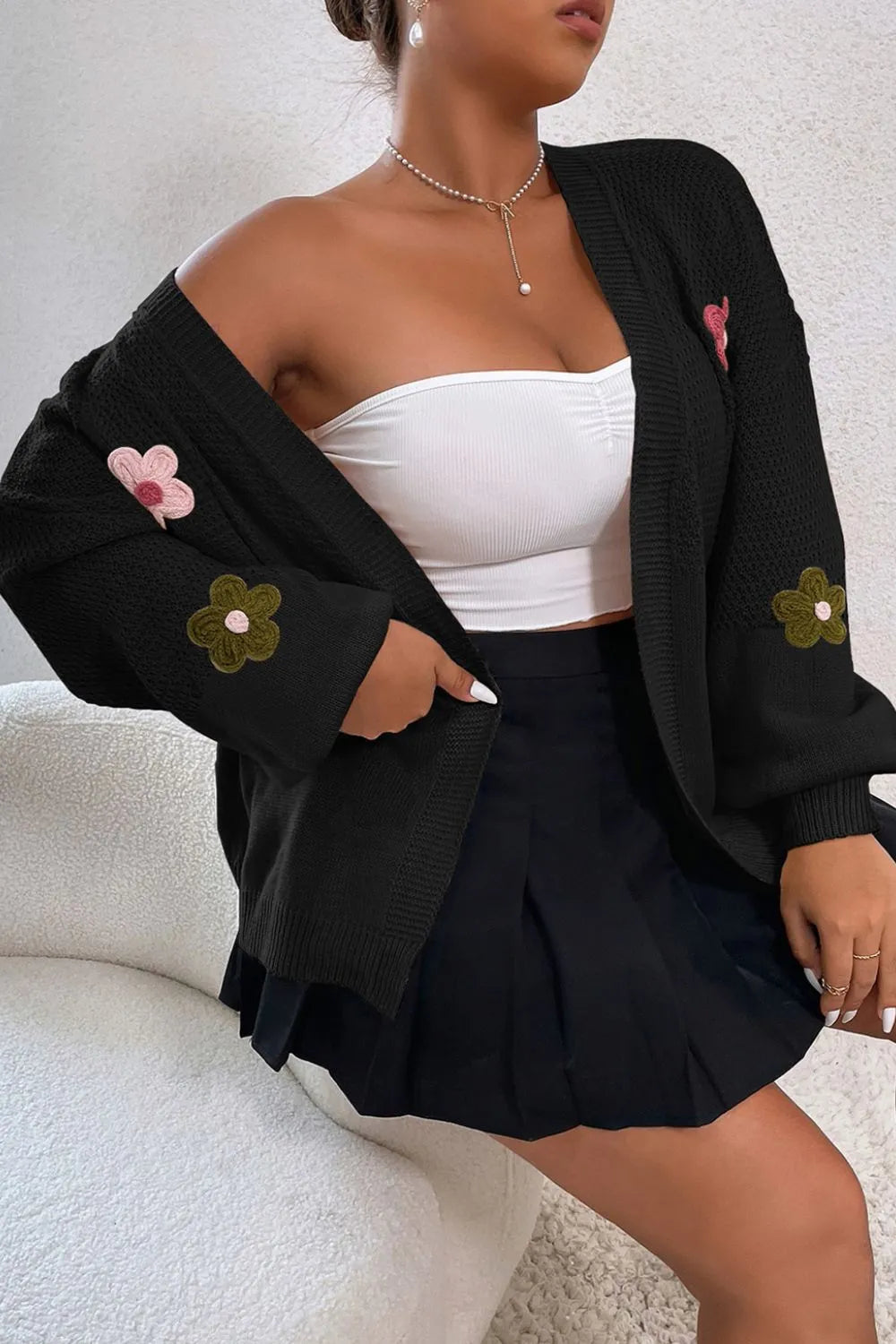 Floral Applique Drop Shoulder Open Front Cardigan - Fashorio