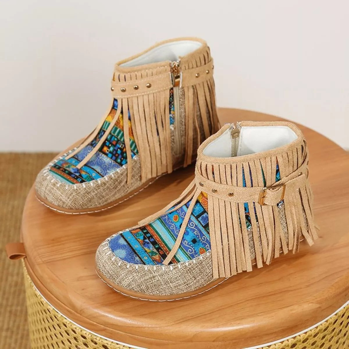 Fringe side zipper ankle boots, top down view