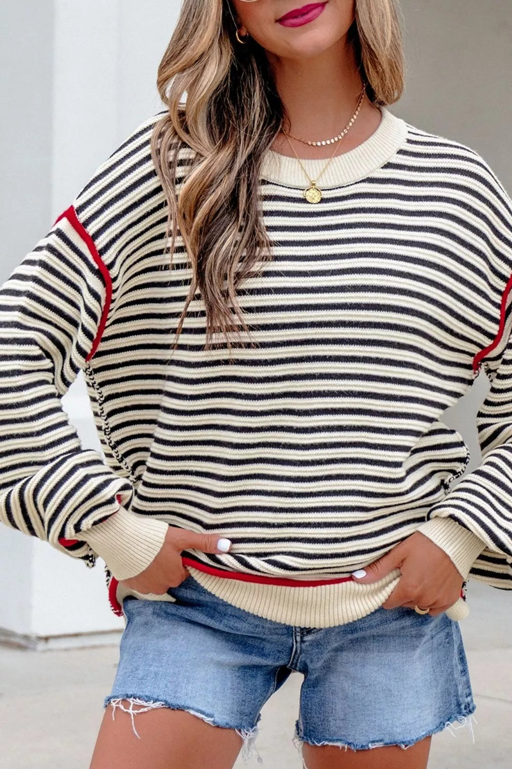Striped Ribbed Drop Shoulder Oversized Sweater on model