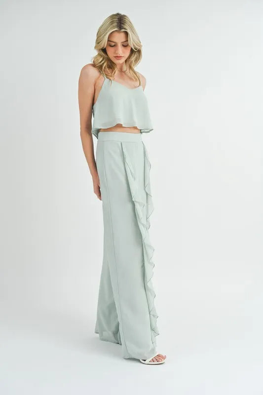 MABLE Crop Cami and Ruffled Wide Leg Pants Set - Fashorio