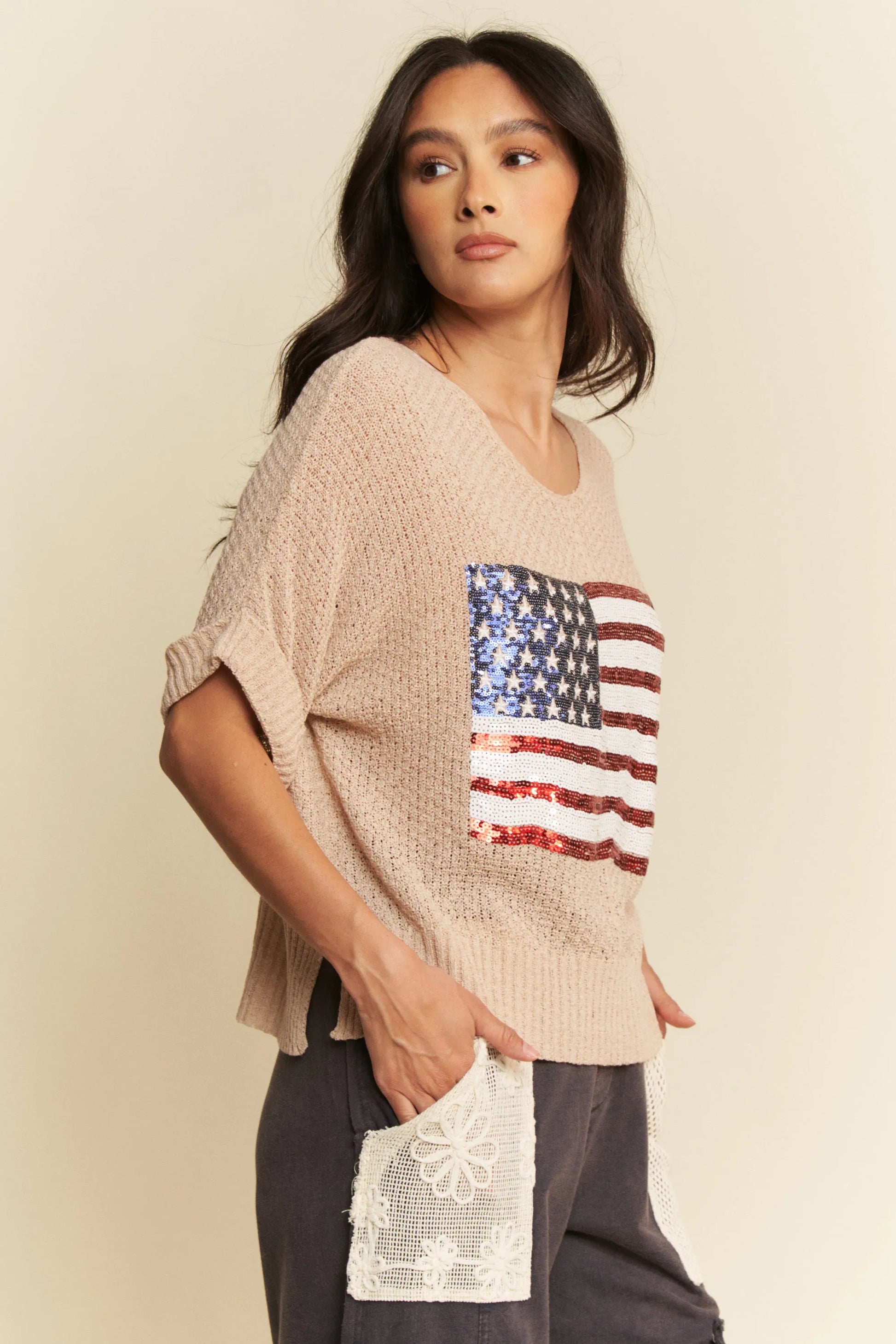 Davi & Dani Sequin American Flag Patch Short Sleeve Knit Top - Fashorio