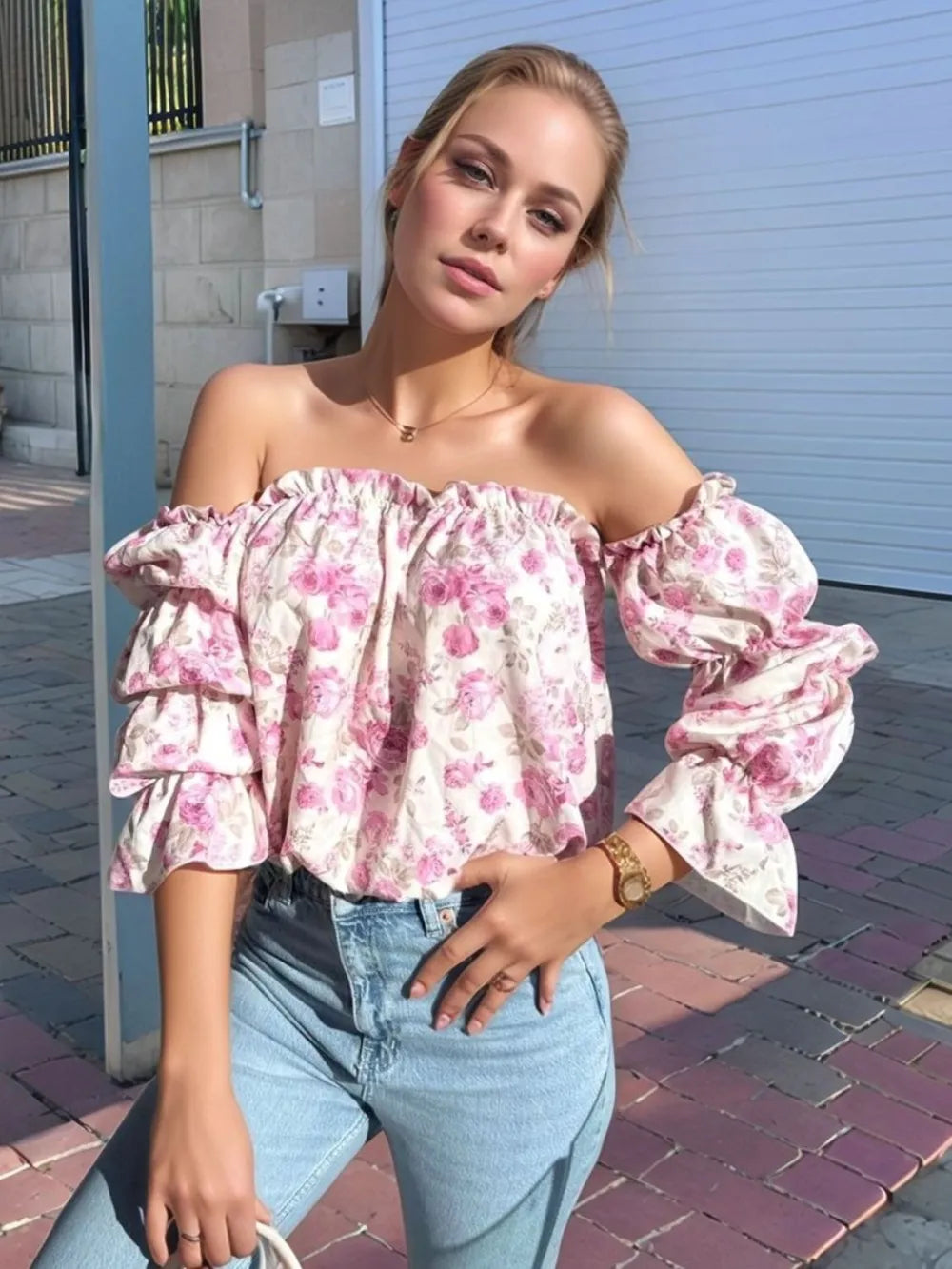 Printed blouse styled with jeans