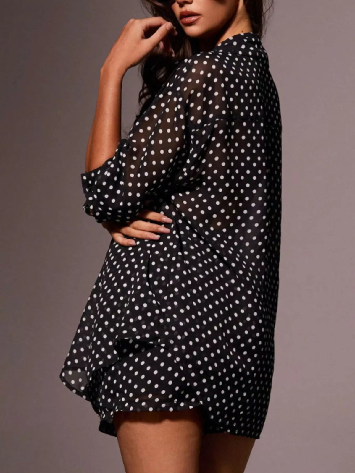 Coordinated polka dot shirt and shorts side view