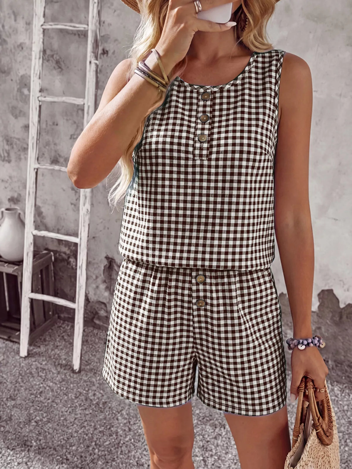 Sleeveless gingham top and shorts full look