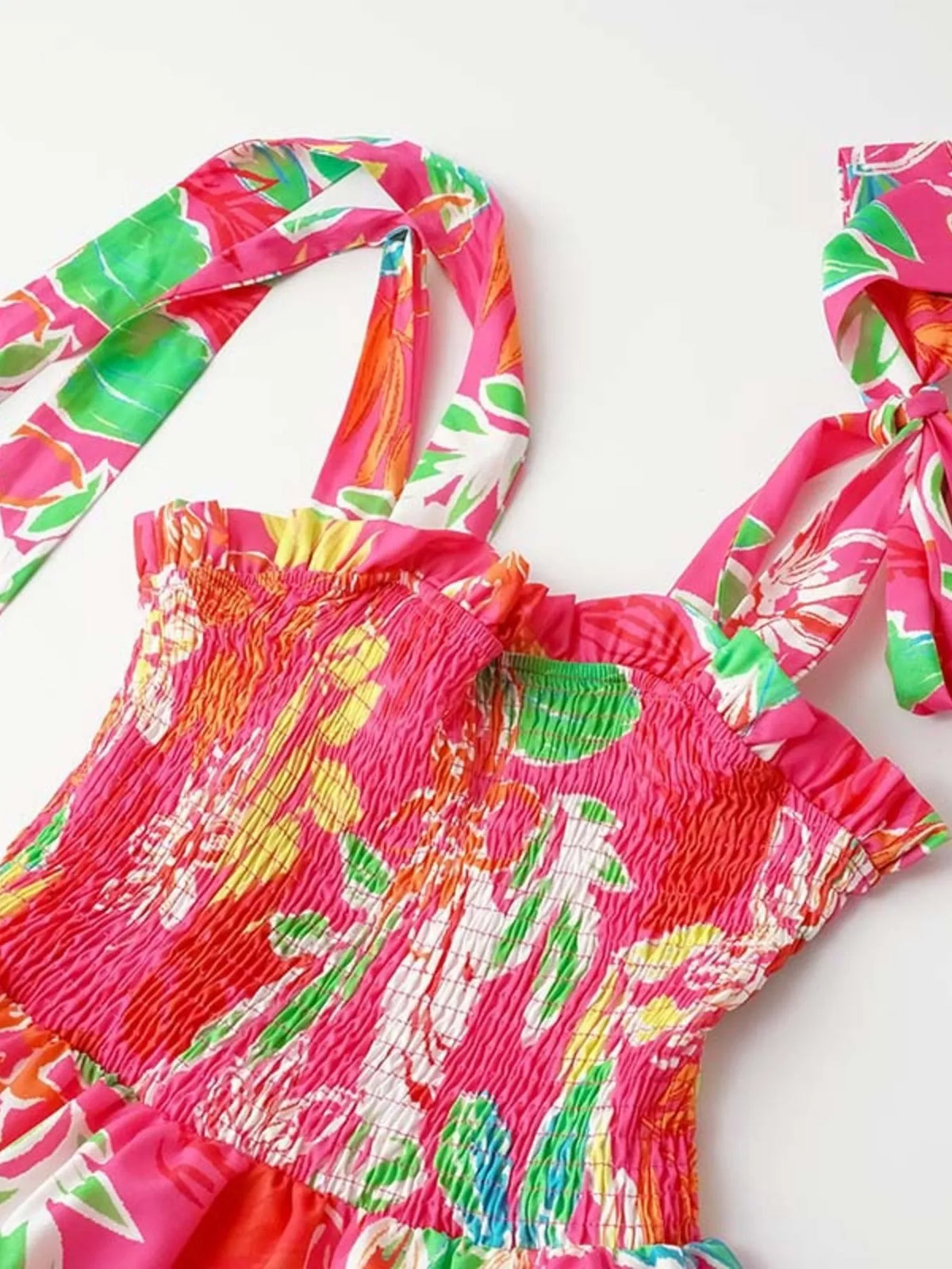Tropical print smocked tie strap dress styled view