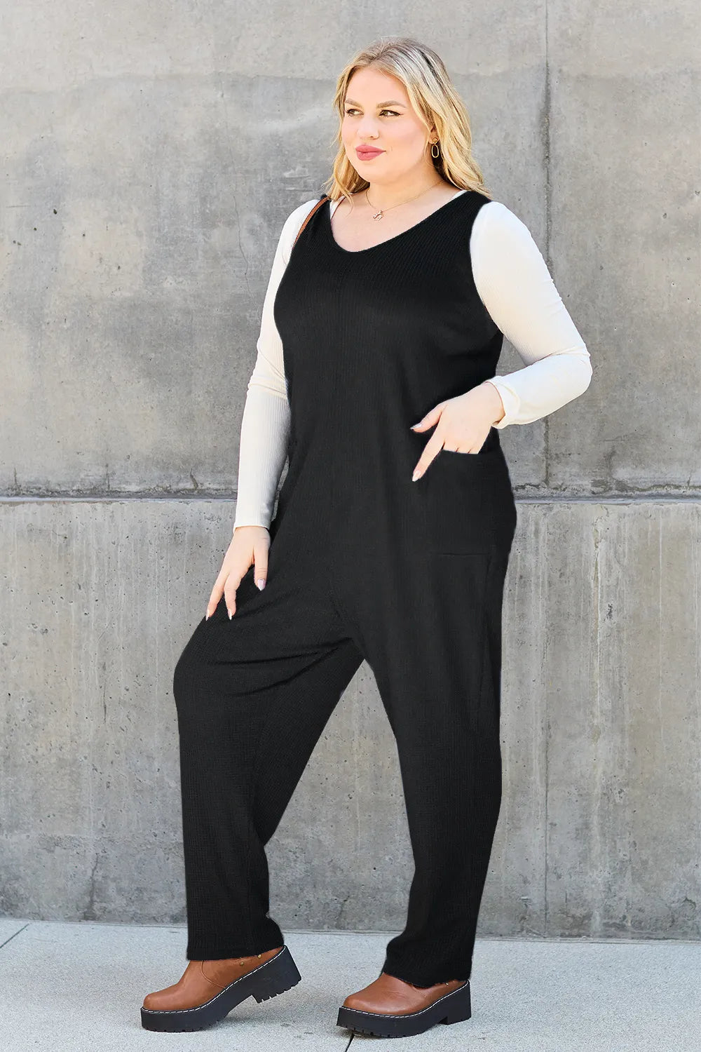 Straight leg jumpsuit fabric drape detail
