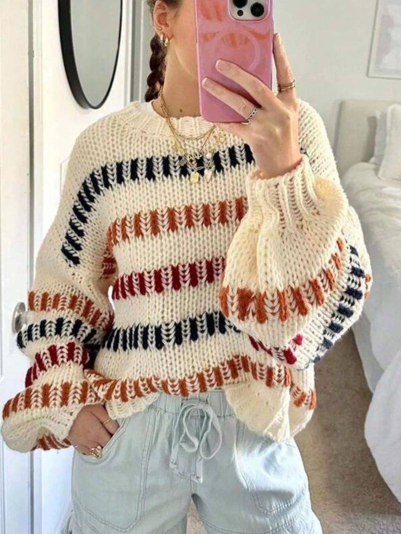 Beige Striped oversized round neck sweater, front view