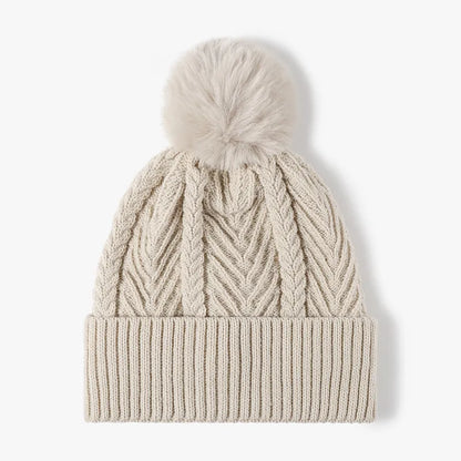 Cable Knit Solid Color Hat with Pompom Beige One Size - Fashorio