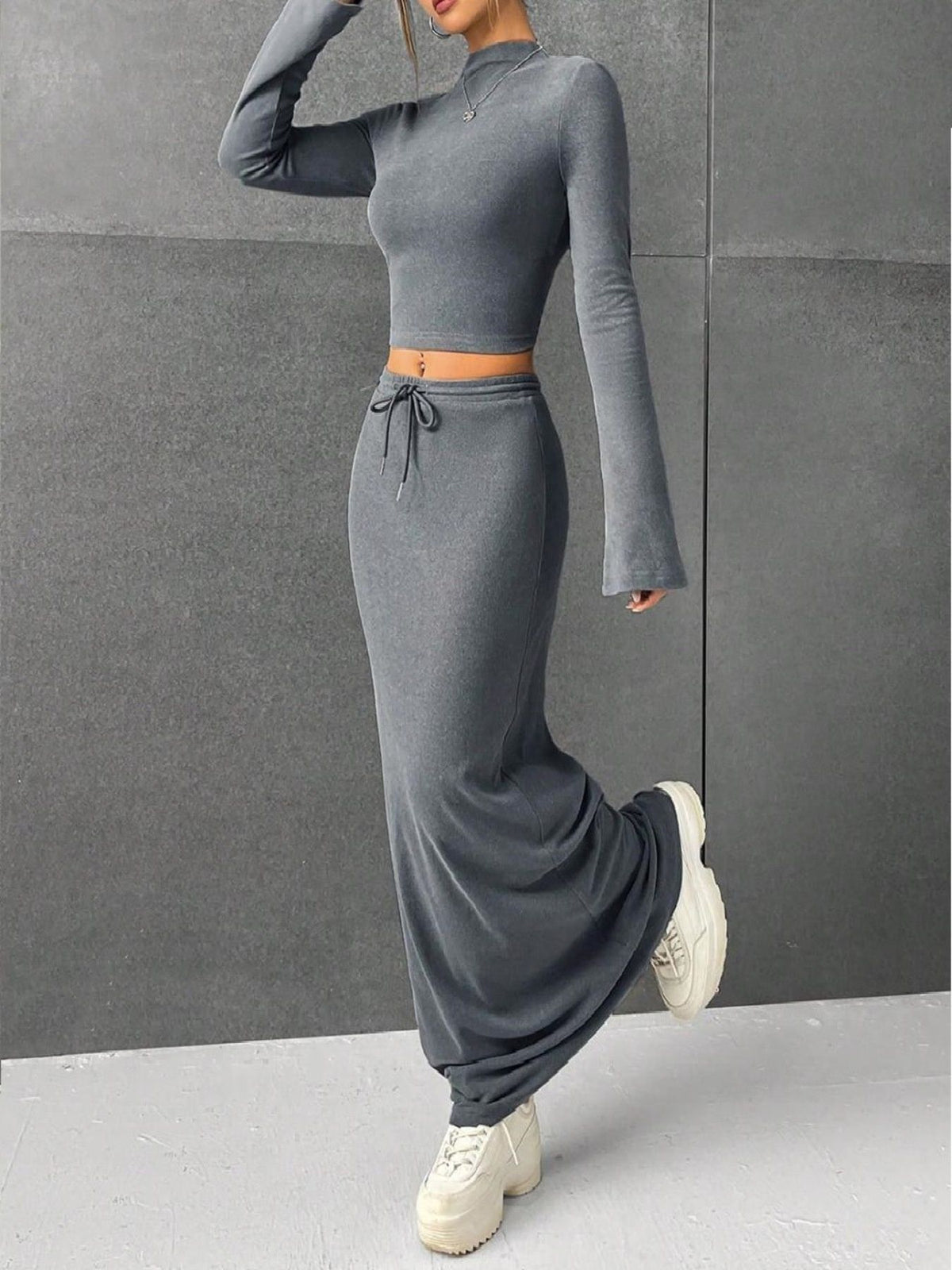 Long sleeve top and drawstring skirt coordinated set back view