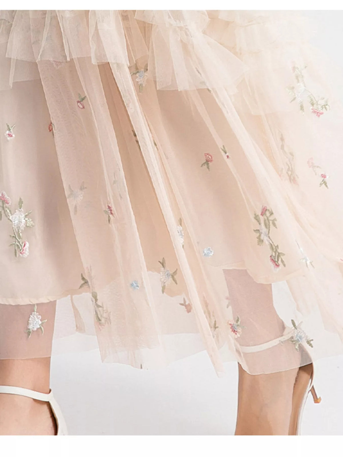 Apricot floral tulle layered maxi dress hem detail