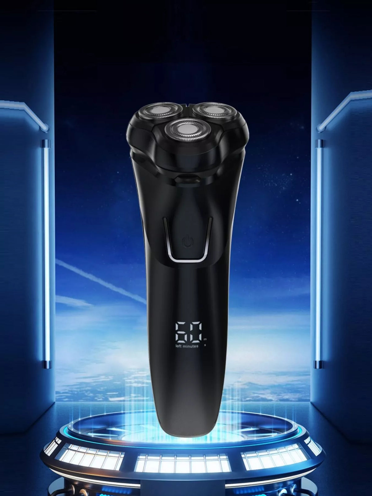 Black rechargeable rotary electric shaver front view
