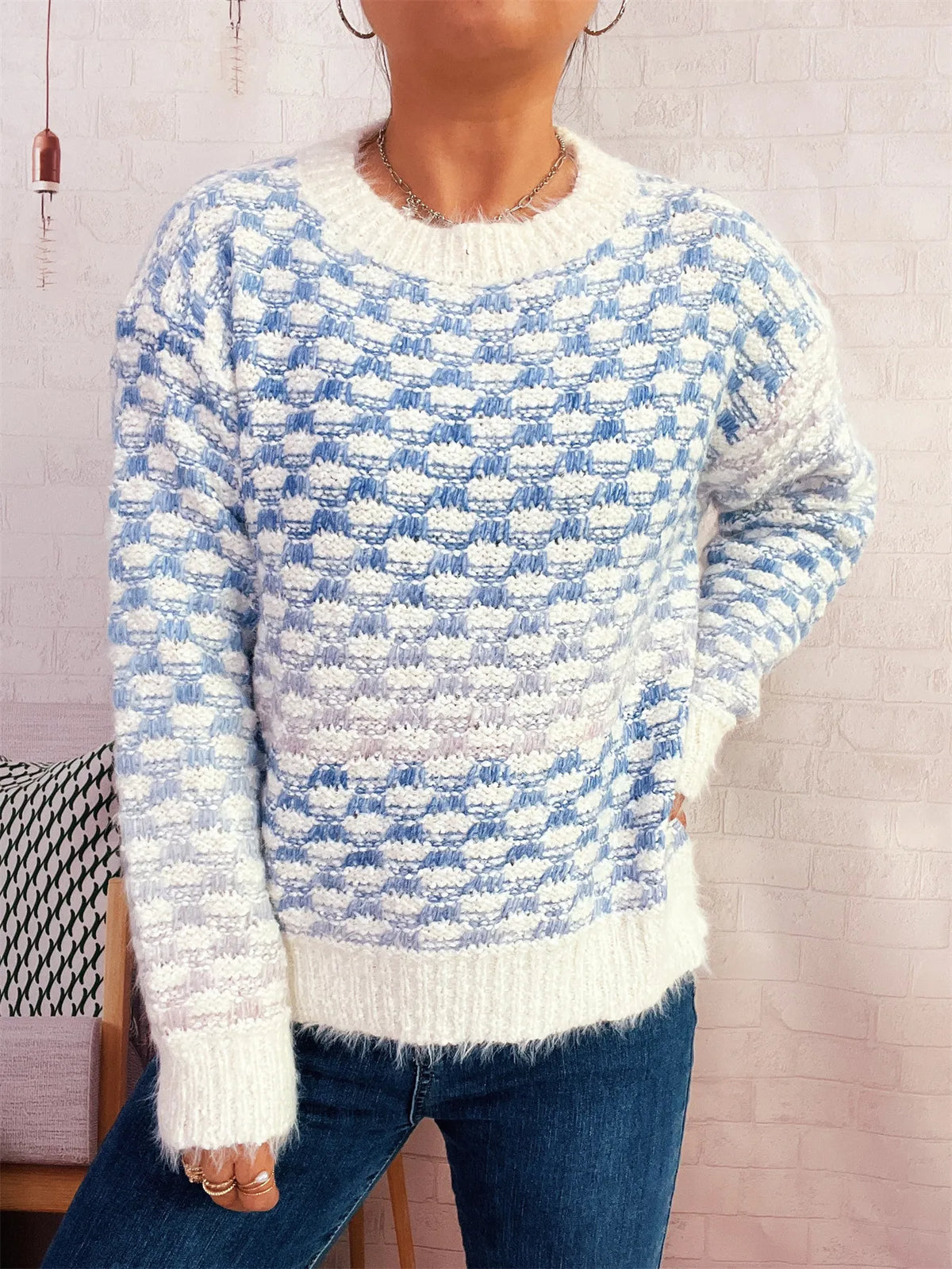 Rainbow gradient round neck sweater side view