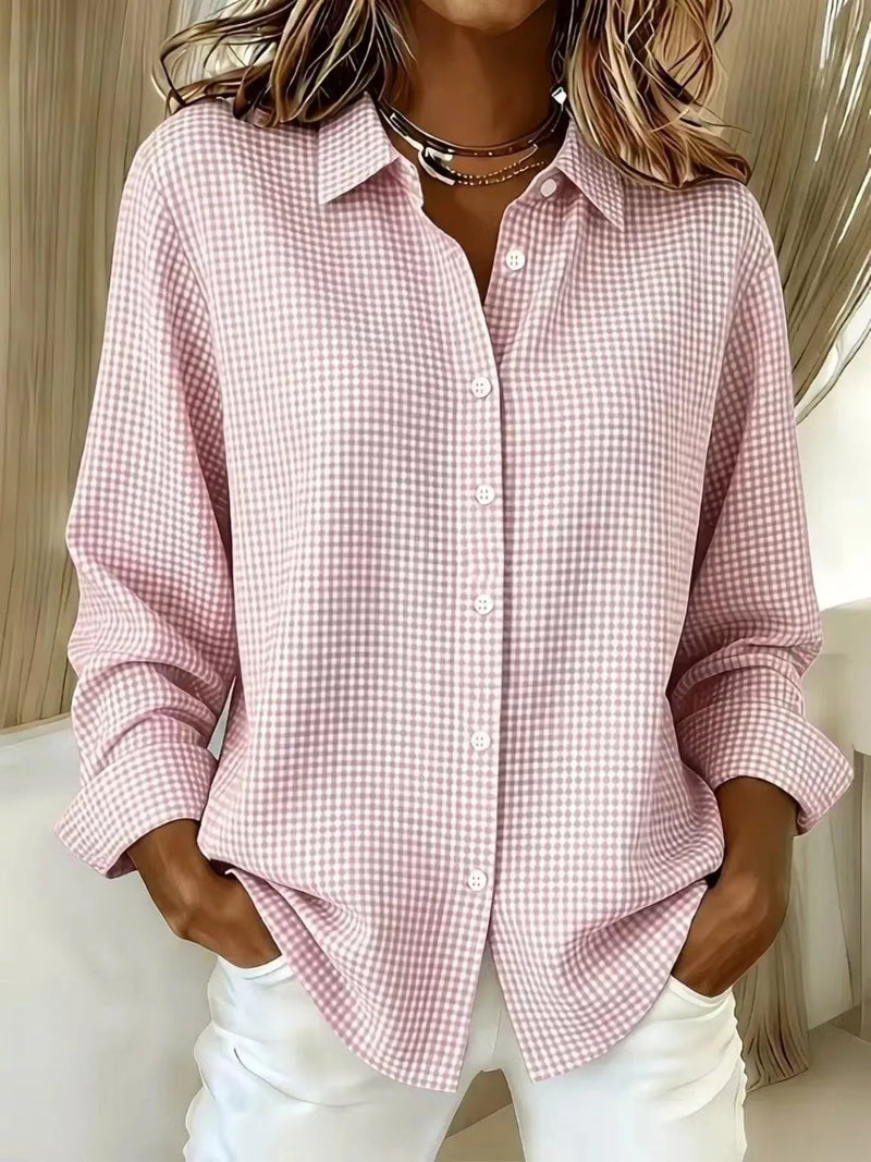 Plaid button up long sleeve shirt in pink front view