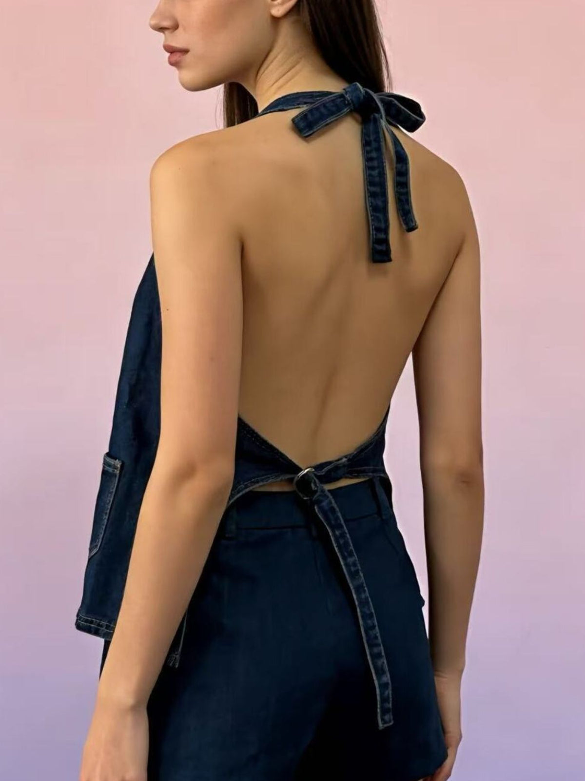 Halter Neck Button Down Denim Vest in Dark Blue side view