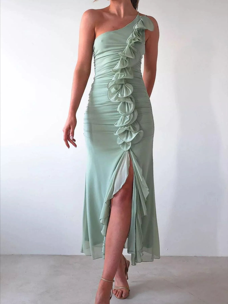 one shoulder ruffle slit dress front view