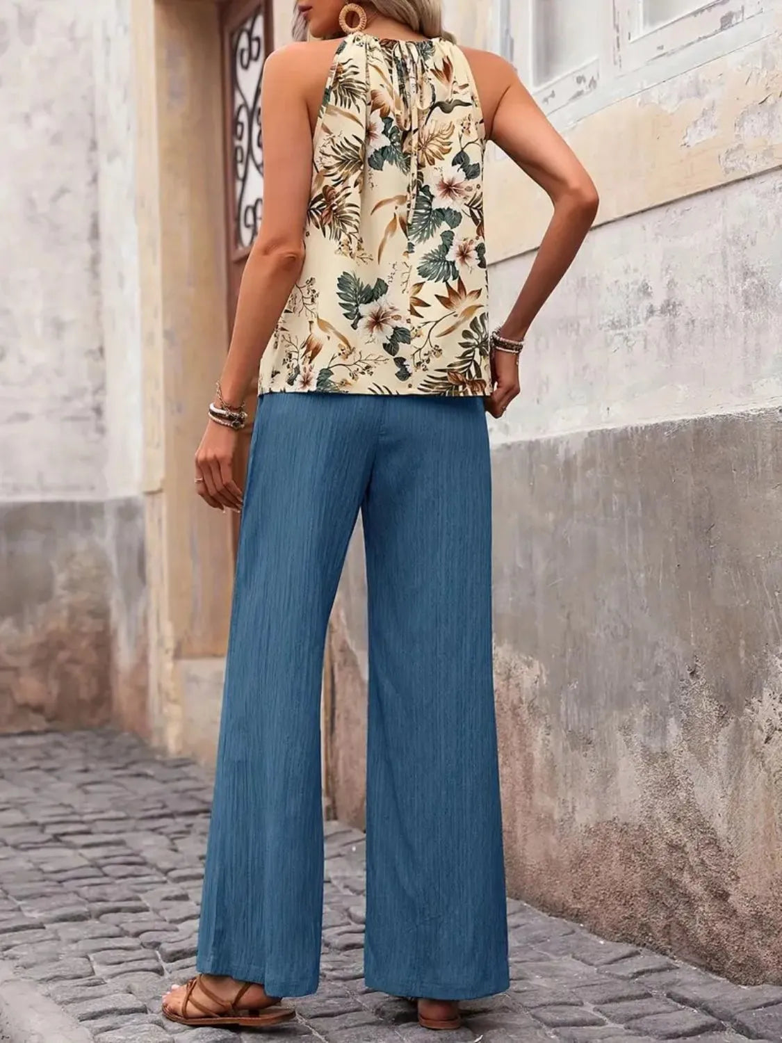 Printed Tank Top and Wide Leg Pants Set - Fashorio