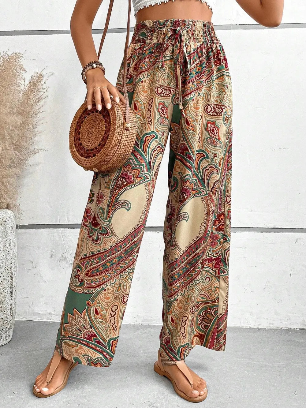 Printed tie waist wide leg pants back view