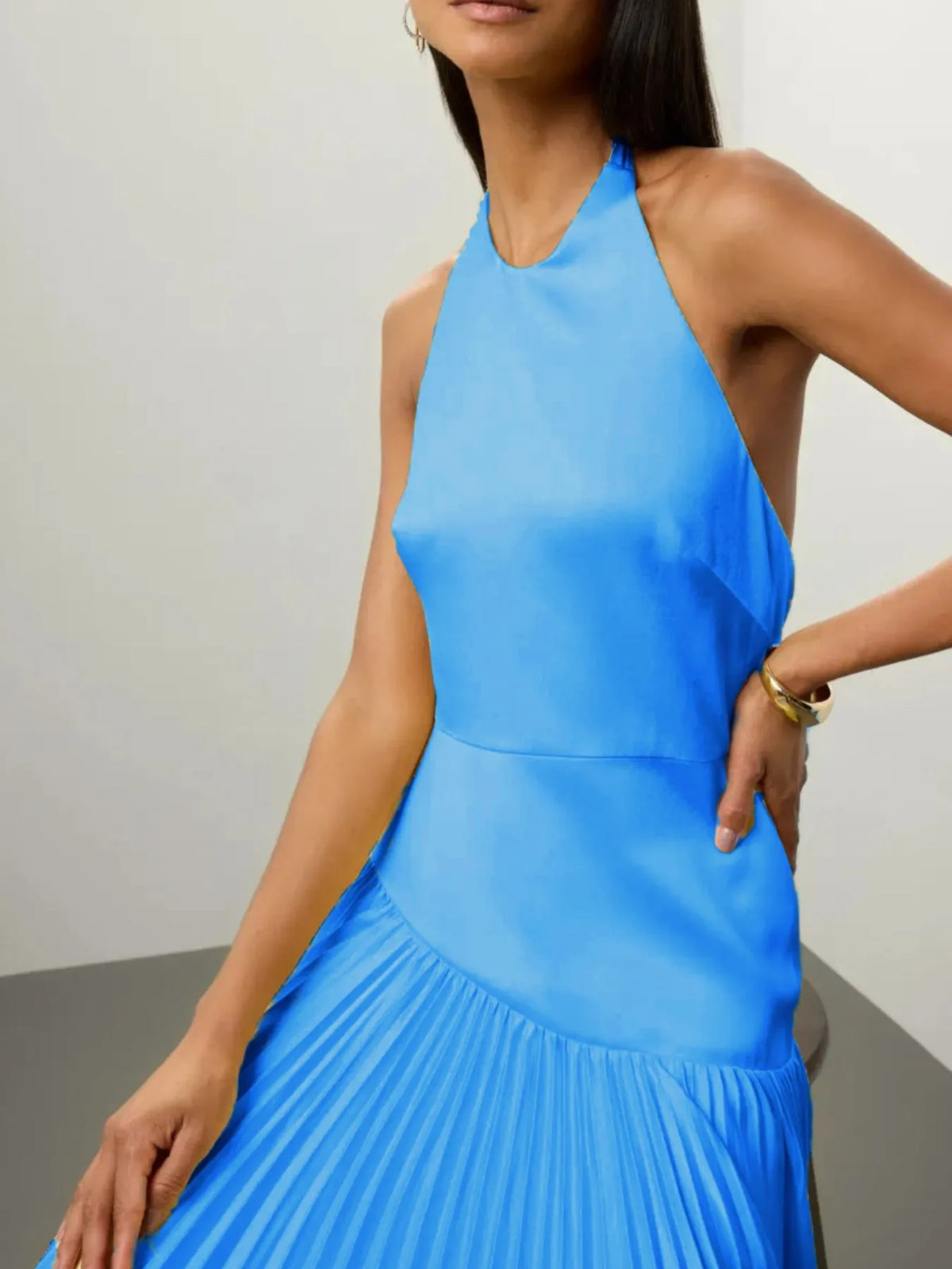 Pleated halter neck maxi dress, side view