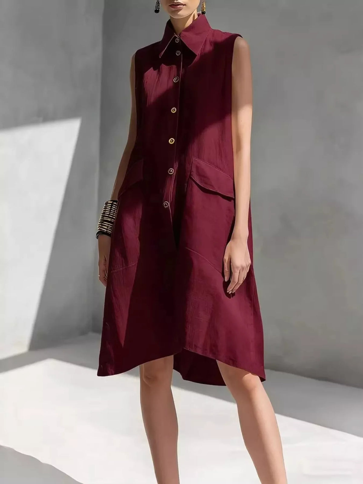 Button front sleeveless dress yellow color