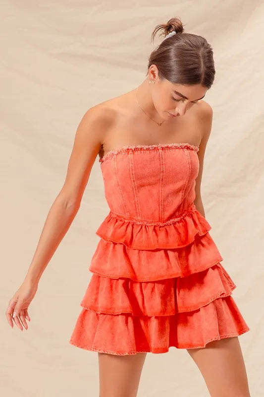Strapless Ruffle Layered Dress in Orange back view