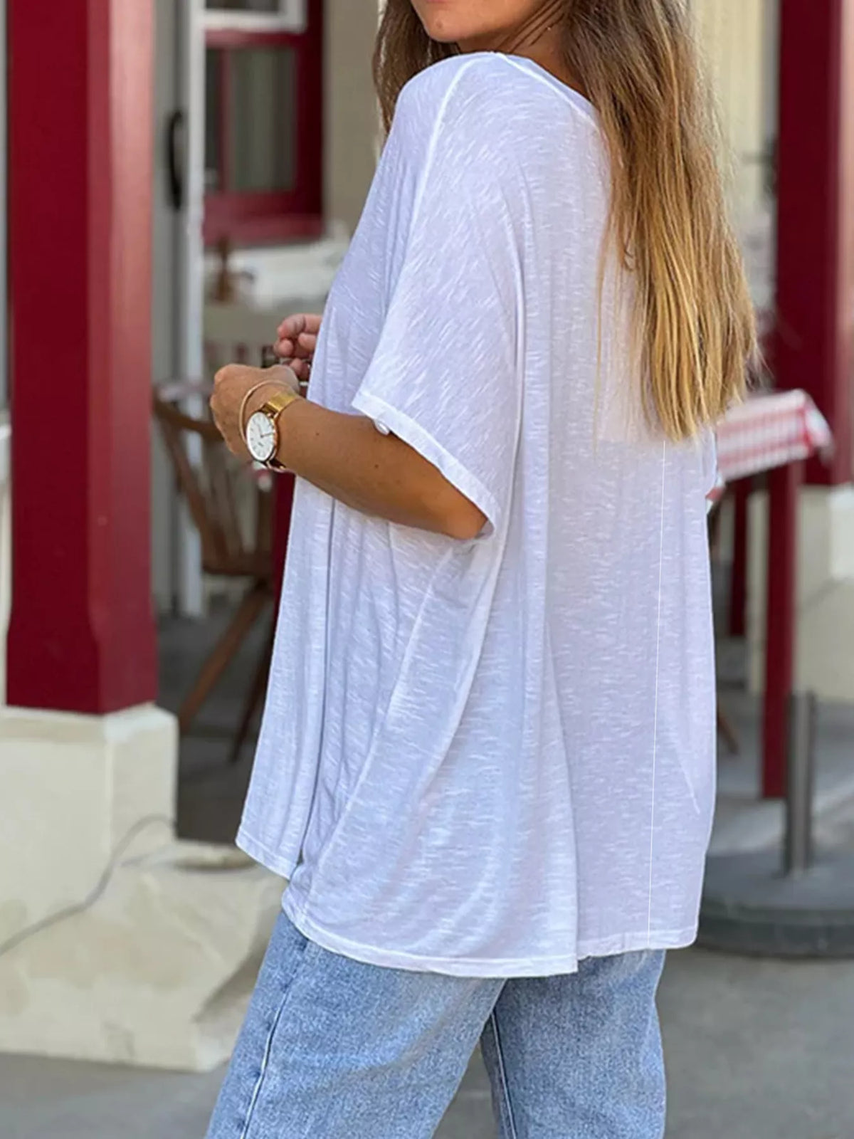 Relaxed fit V neck short sleeve tee close up view