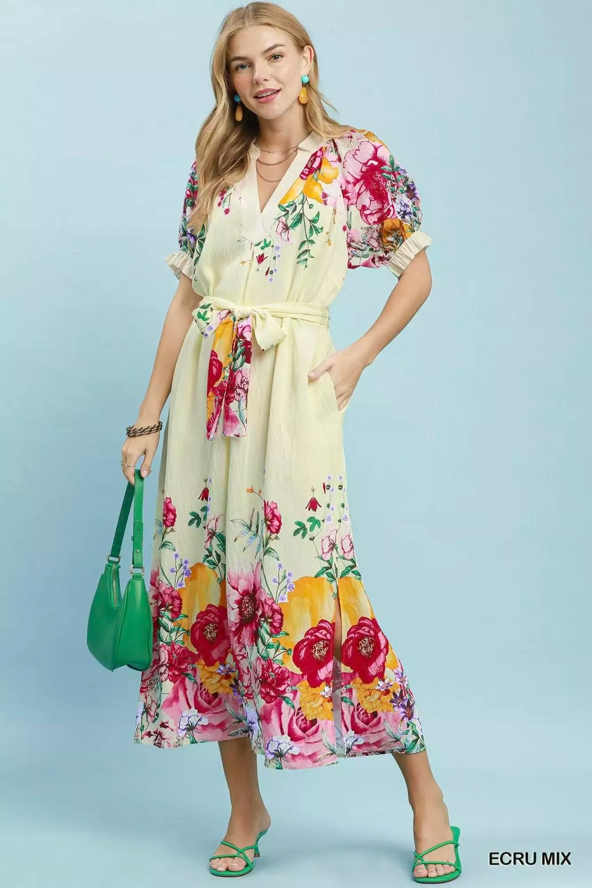 Umgee mixed floral border print midi dress in ecru back view