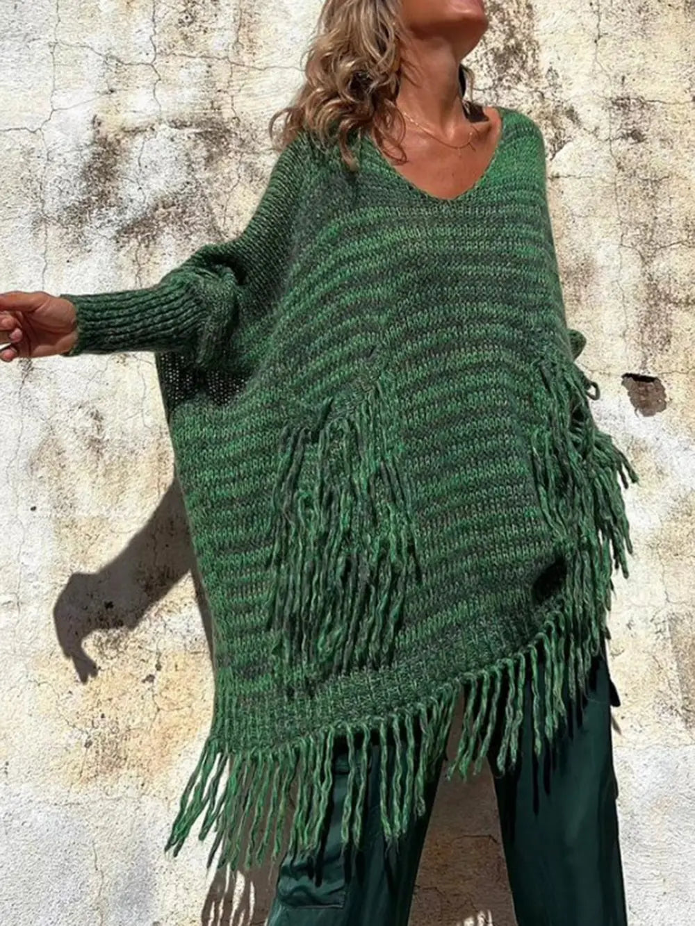Fringe Detail Long Sleeve Sweater with Pockets Dark Green - Fashorio