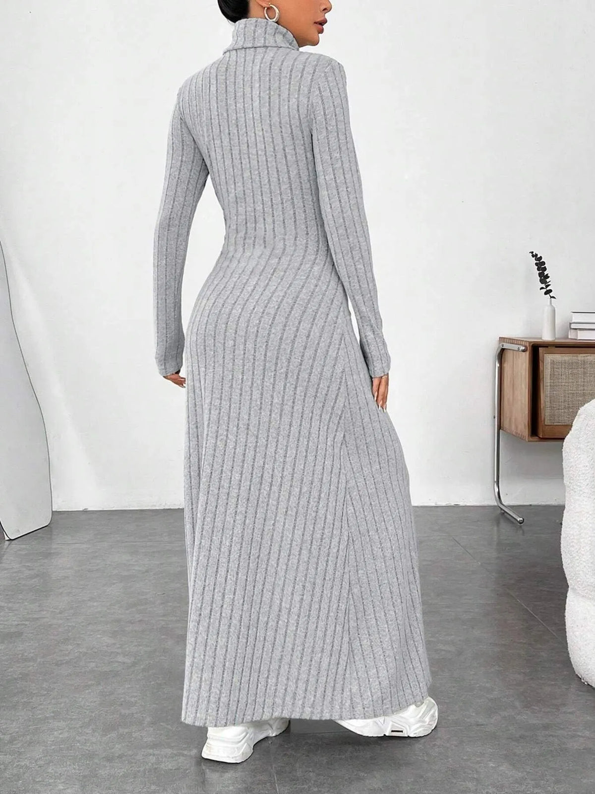 Gray Ribbed turtleneck maxi sweater dress, full length styled view
