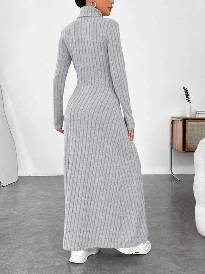 Ribbed Turtleneck Long Sleeve Maxi Knit Dress - Fashorio