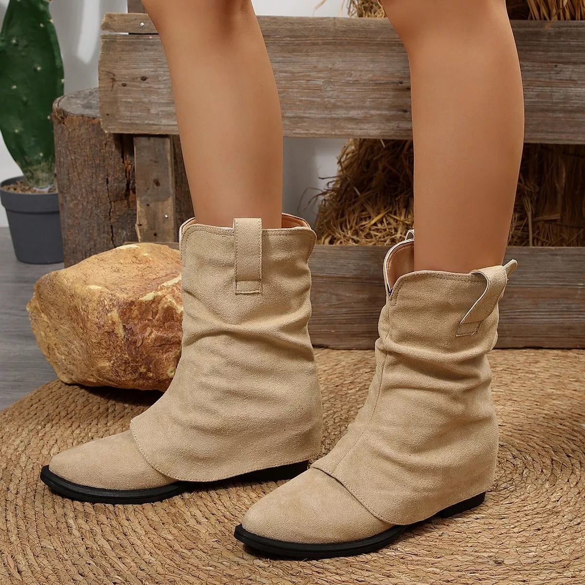 point toe block heel boots ivory upper texture detail