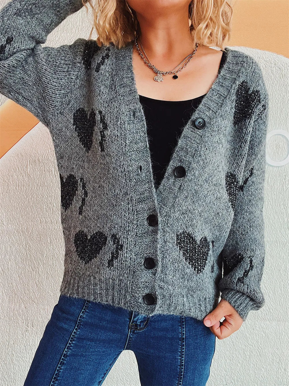 Heart Button Up Long Sleeve Cardigan - Fashorio